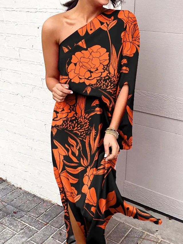 Womens Clothing Womens Dresses | Womens Shift Dress Maxi long Dress Purple Yellow Orange Red Light Blue Half Sleeve Floral Split