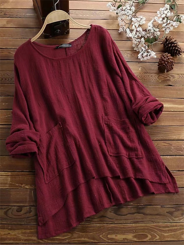 Womens Clothing Plus Size Collection | Womens Plus Size Tops Blouse Shirt Plain Pocket Long Sleeve Round Neck Vintage Streetwear