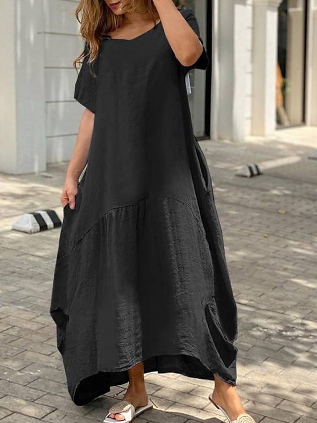 Womens Clothing Womens Dresses | Womens A Line Dress Maxi long Dress White Black Pink Yellow Short Sleeve Pure Color Pocket Spri