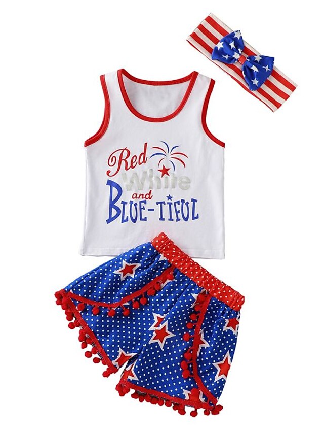 Baby & Kids Girls Clothing | Kids Girls American National Day Tank & Shorts Clothing Set 3 Pieces Short Sleeve White Flag Letter