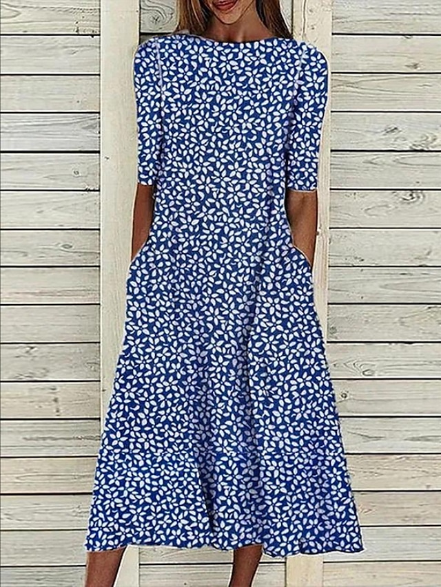 Womens Clothing Womens Dresses | Womens A Line Dress Midi Dress Blue Half Sleeve Floral Ruched Print Spring Summer Crew Neck Cas