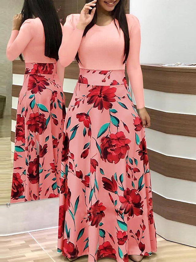 Womens Clothing Womens Dresses | Womens A Line Dress Maxi long Dress Green Pink Red Long Sleeve Floral Print Fall Round Neck Sty