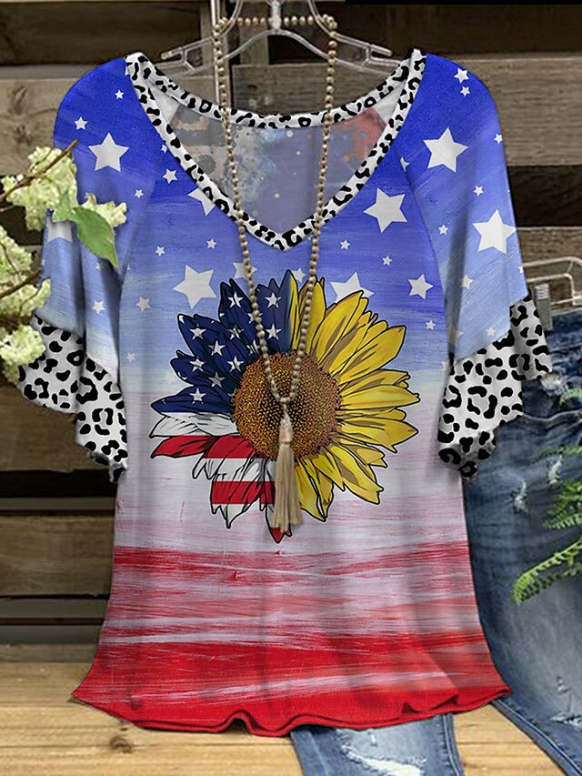 Womens Clothing Womens Tops | Womens Sunflower Stars and Stripes Casual Weekend Independence Day Painting T shirt Tee Short Slee