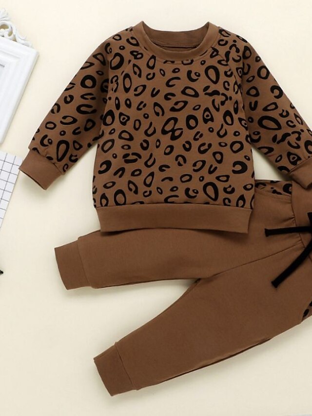 Baby & Kids Girls Clothing | Kids Girls Hoodie & Pants Clothing Set 2 Pieces Long Sleeve Brown Leopard Print Street Outdoor Acti