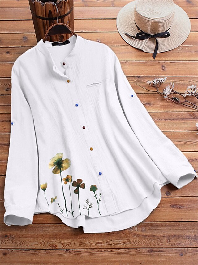 Womens Clothing Plus Size Collection | Womens Plus Size Tops Blouse Shirt Floral Button Print Long Sleeve Standing Collar Street