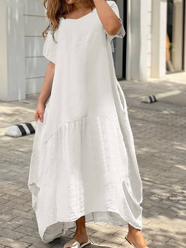  Dames Witte jurk Katoenen zomerjurk Maxi-jurk Linnen Lapwerk Zak Casual Dagelijks Strakke ronde hals Korte mouw Zomer Lente Zwart Wit Heldere kleur