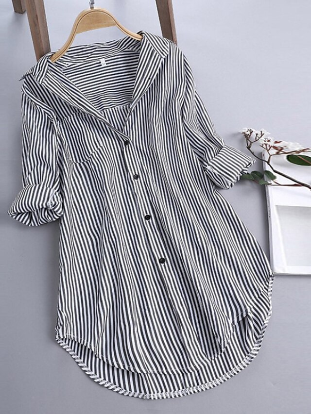 Womens Clothing Plus Size Collection | Womens Plus Size Tops Blouse Shirt Striped Asymmetric Long Sleeve Shirt Collar Streetwear