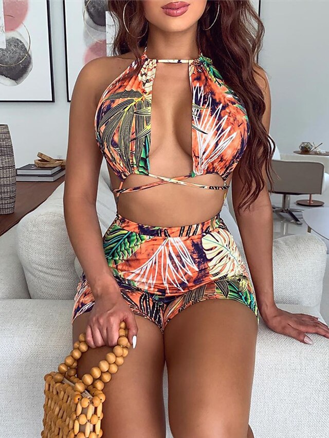 Womens Clothing Womens Swimwear | Womens Swimwear Bikini 2 Piece Normal Swimsuit Open Back Cut Out Printing Trees / Leaves Green