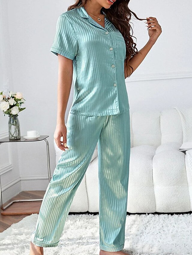 Womens Clothing Womens Sleep & Lounge | Womens Pajamas Sets Stripe Comfort Home Polyester Lapel Short Sleeve Pant Pocket Button 