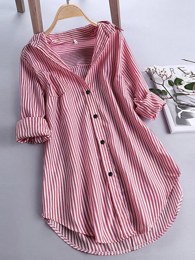 Womens Clothing Plus Size Collection | Womens Plus Size Tops Blouse Shirt Striped Asymmetric Long Sleeve Shirt Collar Streetwear