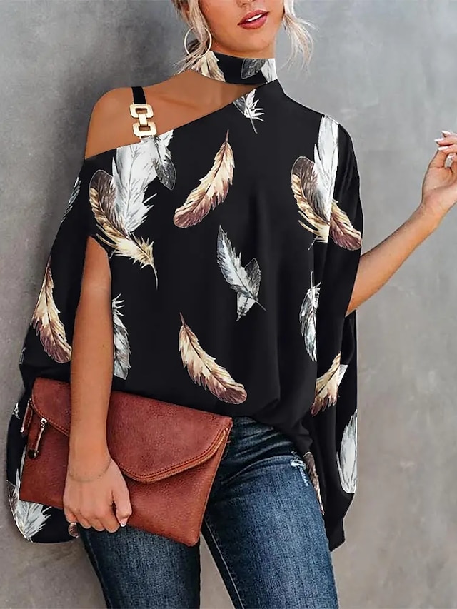  Women's Shirt Blouse Black Navy Blue Dusty Blue Patchwork Print Graphic Casual Short Sleeve Cold Shoulder Casual Regular Batwing Sleeve S