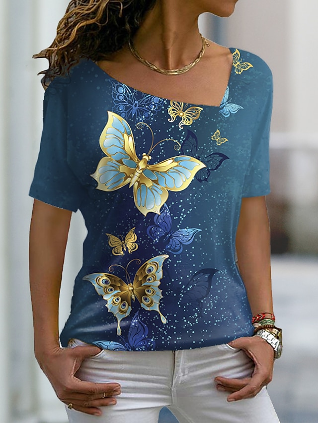 Womens Clothing Womens Tops | Womens Casual Weekend Butterfly Painting T shirt Tee Butterfly Short Sleeve Print V Neck Basic Top