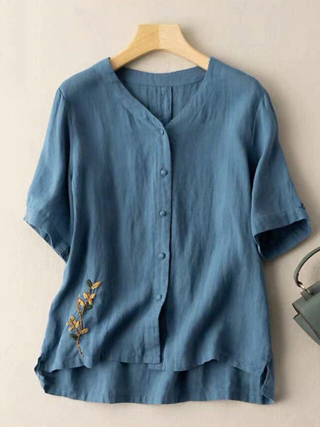 Womens Clothing Plus Size Collection | Womens Plus Size Tops Blouse Shirt Leaf Embroidered Short Sleeve V Neck Basic Daily Going