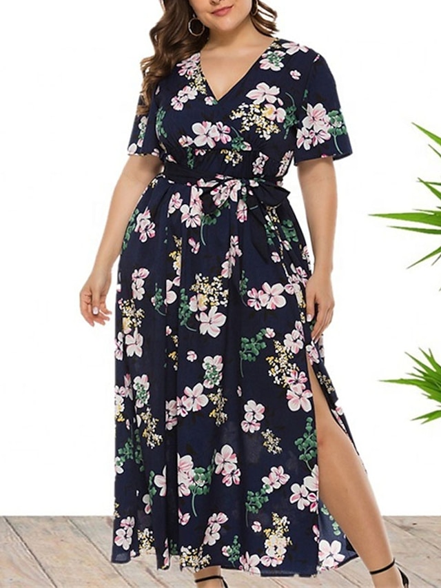 Womens Clothing Plus Size Collection | Womens Plus Size A Line Dress Floral V Neck Split Short Sleeve Spring Summer Casual Maxi 