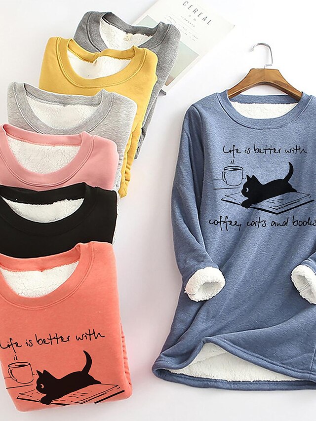 Womens Clothing Womens Tops | Womens Cat Text Daily Weekend Cat Animal Painting T shirt Tee Long Sleeve Print Round Neck Basic E