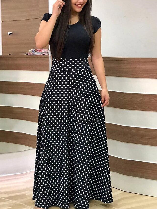 Womens Clothing Womens Dresses | Womens A Line Dress Maxi long Dress Black And White Green Pink Red Short Sleeve Floral Polka Do