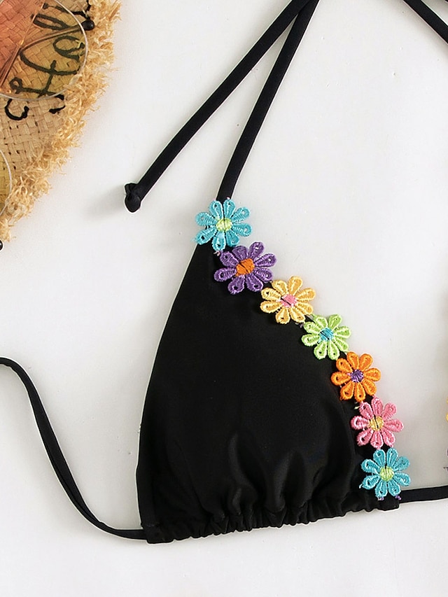 Womens Clothing Womens Swimwear | Womens Swimwear Bikini 2 Piece Normal Swimsuit Backless string Flower Black Halter V Wire Bath