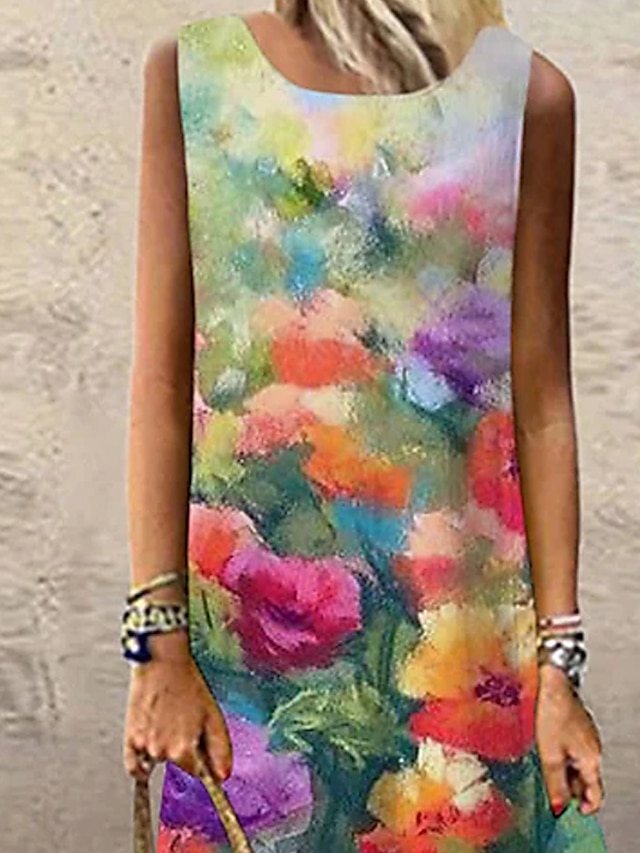 Womens Clothing Womens Dresses | Womens Shift Dress Maxi long Dress Fuchsia Sleeveless Floral Print Print Spring Summer Round Ne