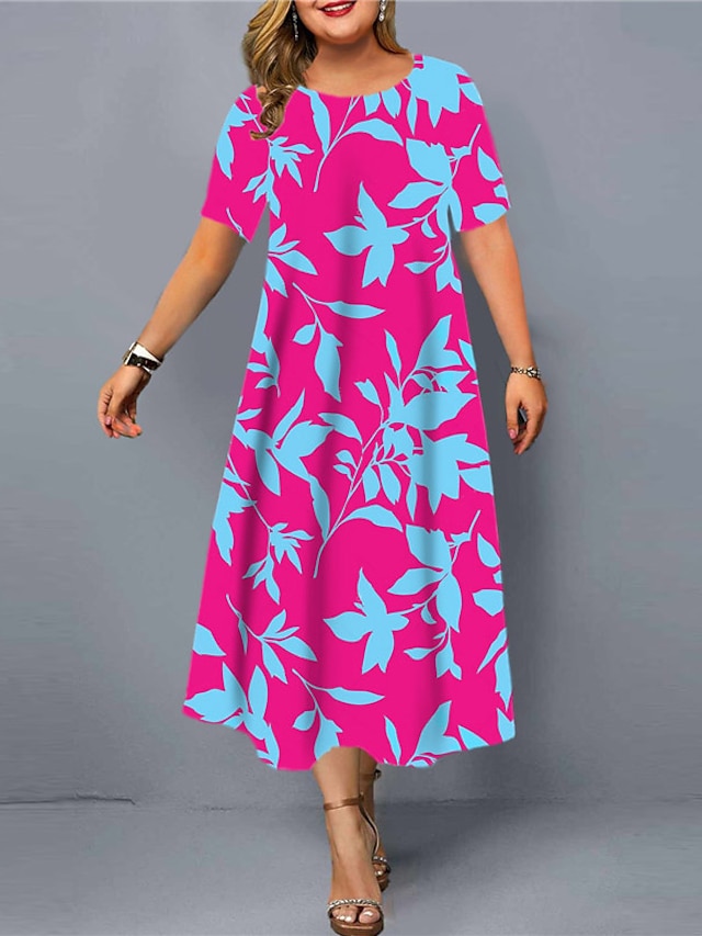 Womens Clothing Plus Size Collection | Womens Plus Size Shift Dress Leaf Round Neck Short Sleeve Spring Summer Casual Maxi long 