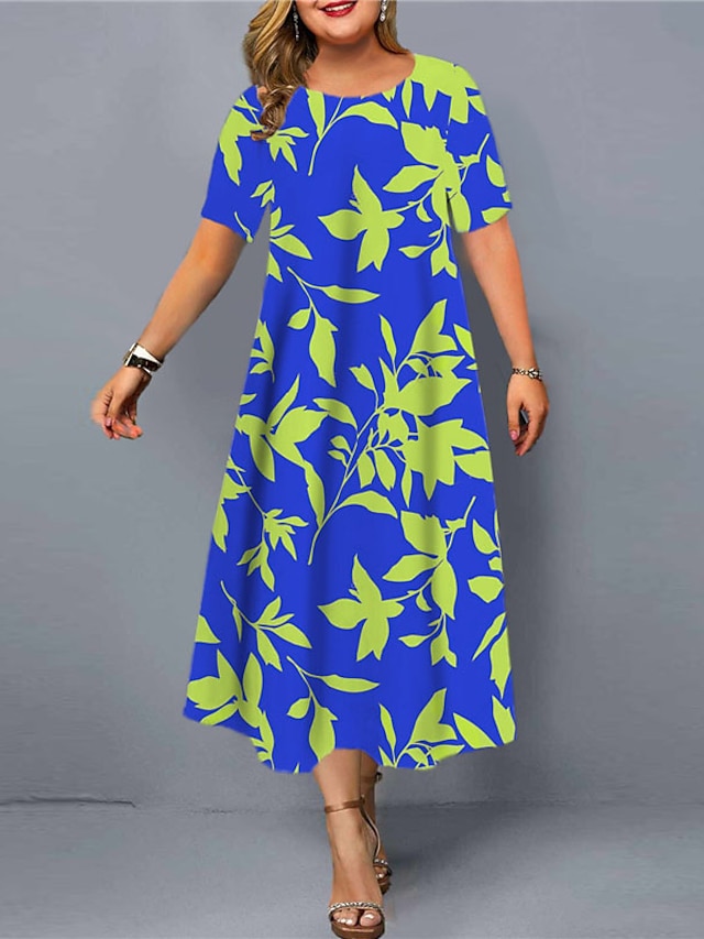 Womens Clothing Plus Size Collection | Womens Plus Size Shift Dress Floral Round Neck Short Sleeve Spring Summer Casual Maxi lon