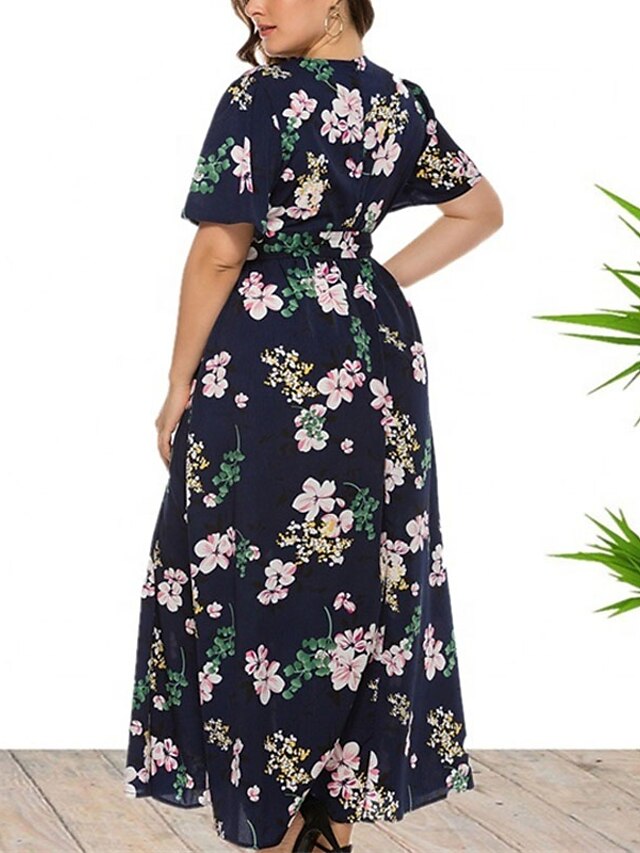 Womens Clothing Plus Size Collection | Womens Plus Size A Line Dress Floral V Neck Split Short Sleeve Spring Summer Casual Maxi 