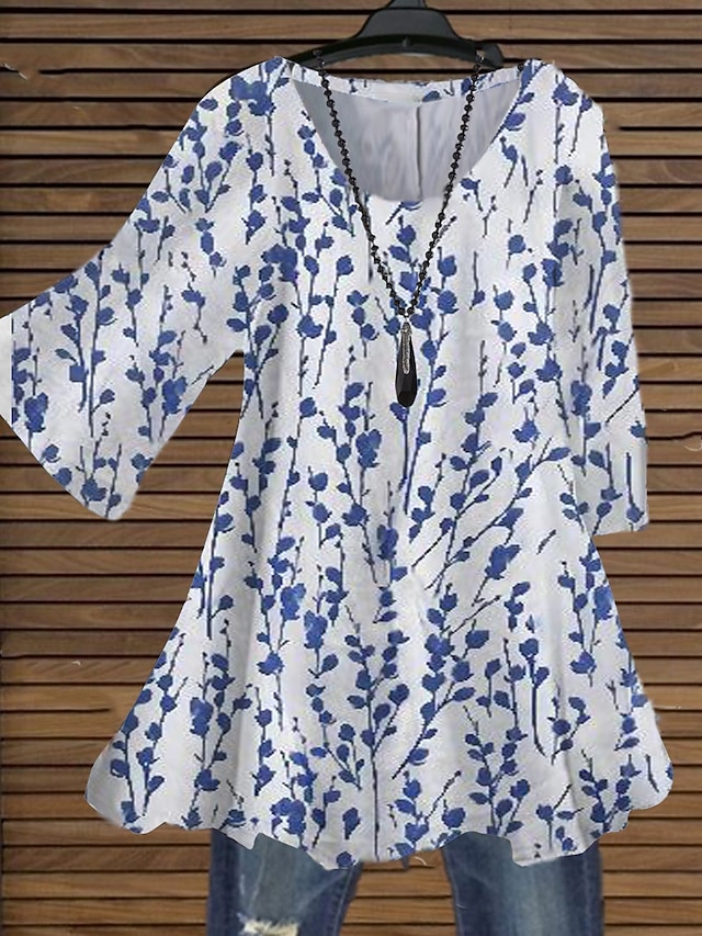  Pentru femei Plus Size Topuri Bluză Cămașă Floral Frunză Imprimeu Lungime Manșon 3/4 Crewneck Șic Stradă Zilnic Concediu Jersey din Bumbac Spandex Toamnă Primăvară Trifoi Albastru piscină