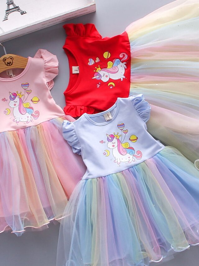 Baby & Kids Girls Clothing | Kids Little Girls Dress Unicorn colour A Line Dress Daily Holiday Mesh Print Pink Red Light Blue Tu