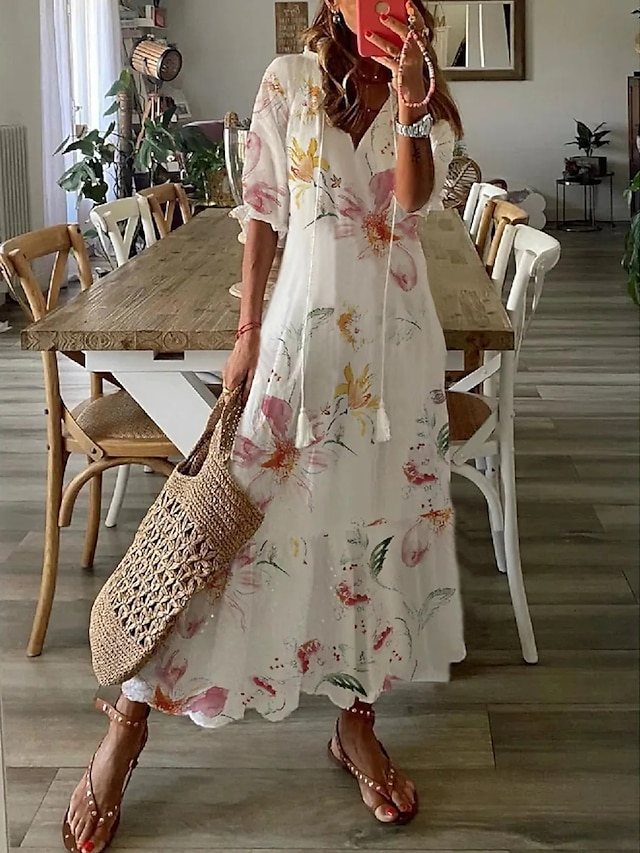 Women's A Line Dress Maxi long Dress White Half Sleeve Floral Ruched ...