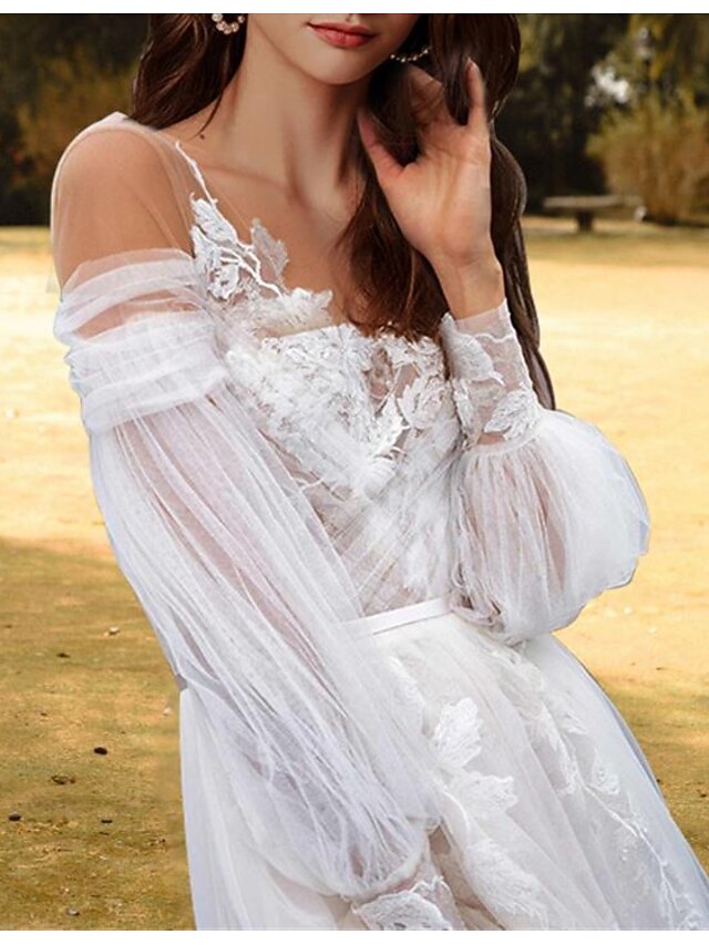 Lace Summer Beach Wedding Dresses Long Sleeves Tulle Chic A-line Sweep Train