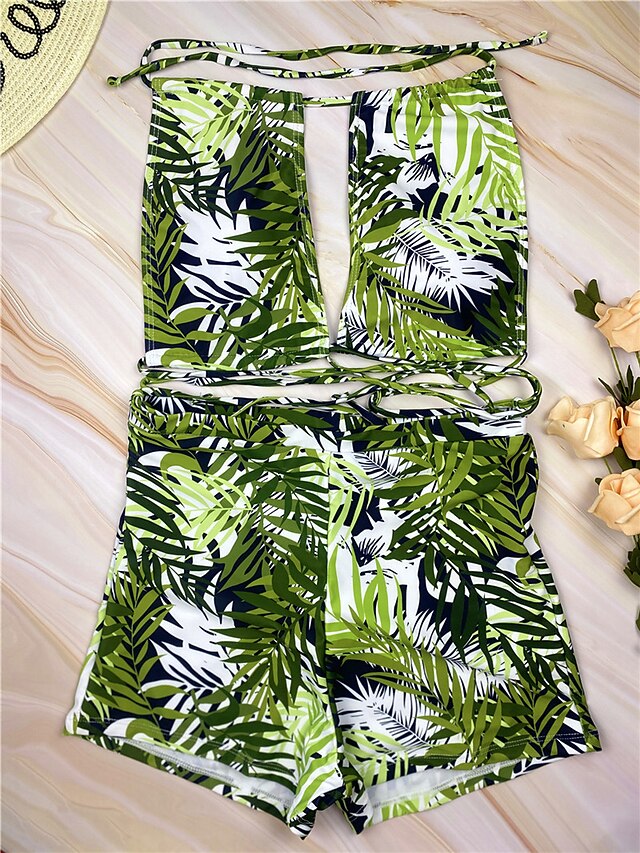 Womens Clothing Womens Swimwear | Womens Swimwear Bikini 2 Piece Normal Swimsuit Open Back Cut Out Printing Trees / Leaves Green