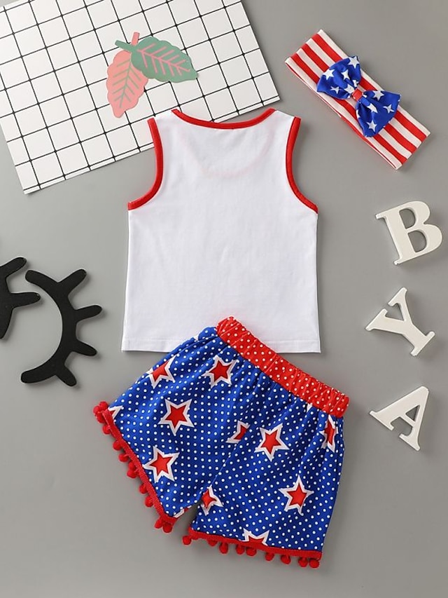 Baby & Kids Girls Clothing | Kids Girls American National Day Tank & Shorts Clothing Set 3 Pieces Short Sleeve White Flag Letter