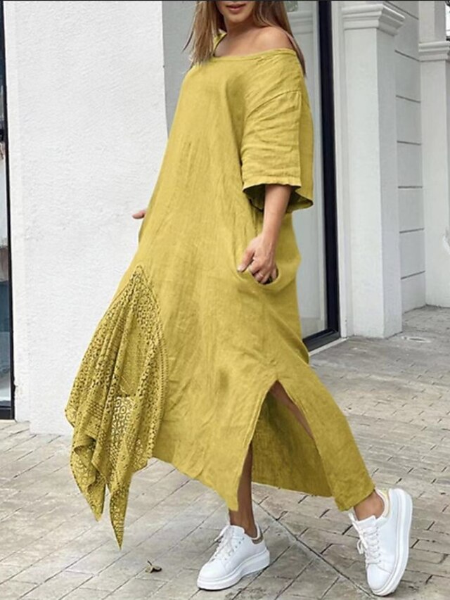 Womens Clothing Womens Dresses | Womens Shift Dress Midi Dress Green Pink Yellow Half Sleeve Pure Color Split Spring Summer Roun