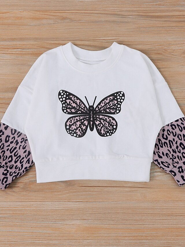 Baby & Kids Girls Clothing | Kids Girls Hoodie & Pants Clothing Set 2 Pieces Long Sleeve White Butterfly Leopard Print Street Ou