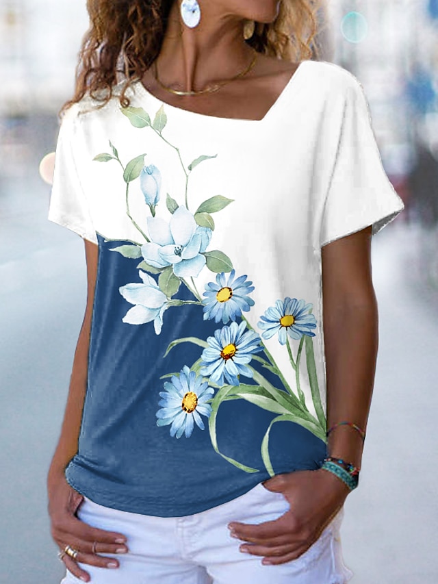  Women's T shirt Tee Green Blue White Floral Color Block Print Short Sleeve Casual Weekend Basic V Neck Regular Floral Painting S / 3D Print