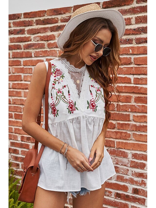 Womens Clothing Womens Tops | Womens Floral Holiday Weekend Floral Tank Top Camis Peplum Sleeveless Embroidered Lace Trims Flowi