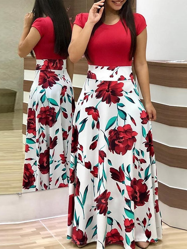 Womens Clothing Womens Dresses | Womens A Line Dress Maxi long Dress Black And White Green Pink Red Short Sleeve Floral Polka Do