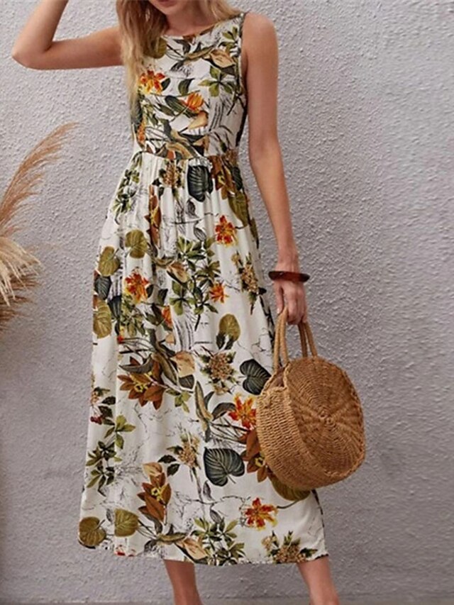 Womens Clothing Womens Dresses | Womens A Line Dress Maxi long Dress Apricot Sleeveless Floral Print Spring Summer Crew Neck Vac