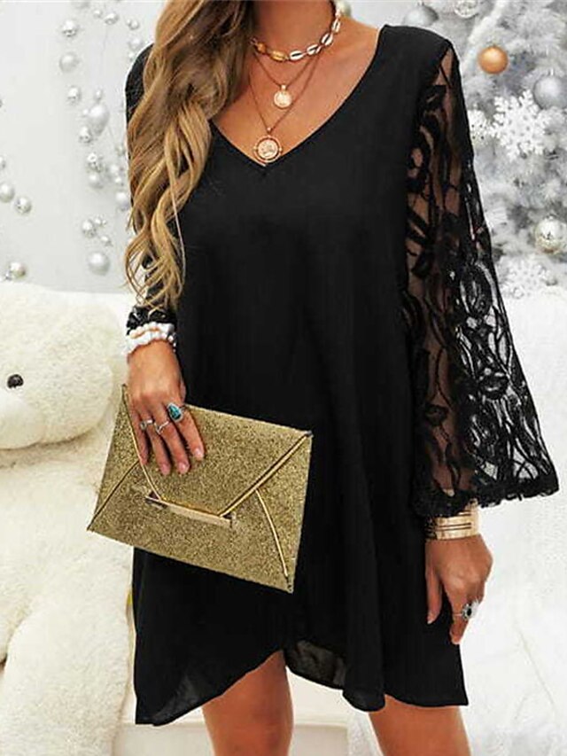 Womens Clothing Womens Dresses | Womens Shift Dress Short Mini Dress Black Long Sleeve Pure Color Lace Spring Summer V Neck Styl