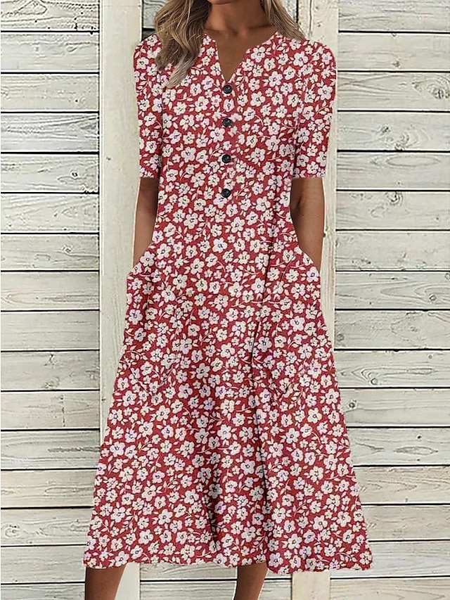  Naisten Rento mekko Kukka Rypytetty Painettu Halkaistu kaula Midimekko Tyylikäs Vintage Päivittäin Loma Puolihiha Kesä Kevät