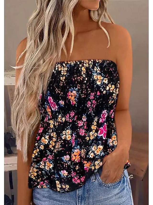 Womens Clothing Womens Tops | Womens Holiday Weekend Floral Tube Top Camis Floral Sleeveless Print Off Shoulder Casual Streetwea