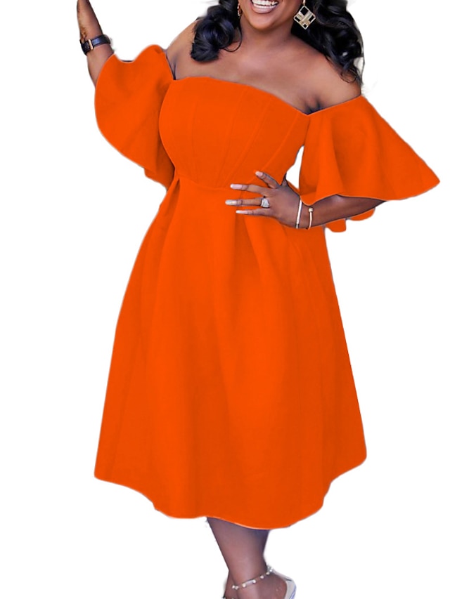 Womens Clothing Plus Size Collection | Womens Plus Size Party Dress Solid Color Off Shoulder Half Sleeve Spring Summer Prom Dres