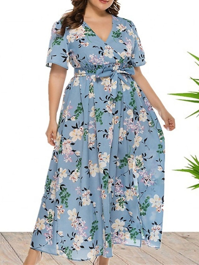 Womens Clothing Plus Size Collection | Womens Plus Size A Line Dress Floral V Neck Split Short Sleeve Spring Summer Casual Maxi 