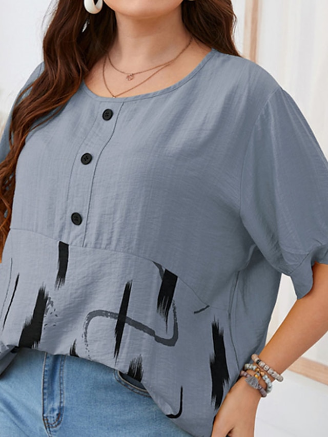 Womens Clothing Plus Size Collection | Womens Plus Size Tops Blouse Shirt Graphic Patterned Pocket Button Short Sleeve Crewneck 