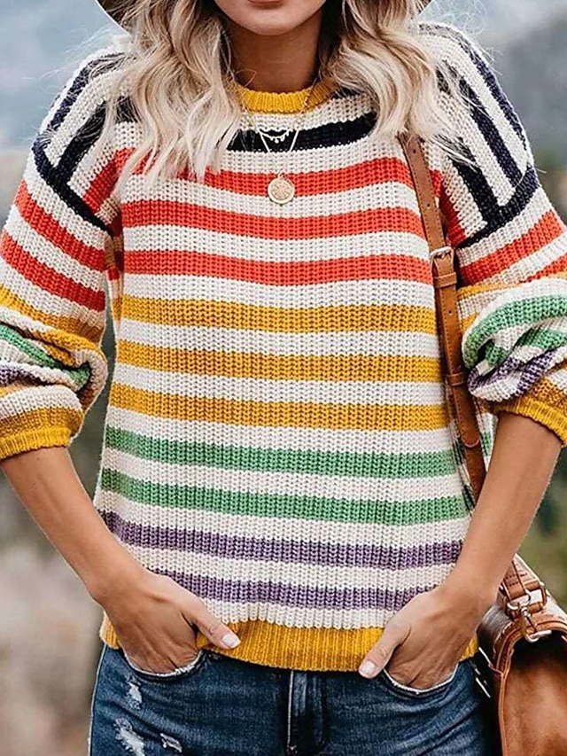 Womens Clothing Sweaters & Cardigans | Womens Pullover Sweater Jumper crochet Knit Knitted Striped Crew Neck Stylish Casual Dail