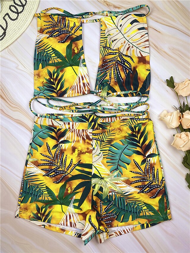 Womens Clothing Womens Swimwear | Womens Swimwear Bikini 2 Piece Normal Swimsuit Open Back Cut Out Printing Trees / Leaves Green