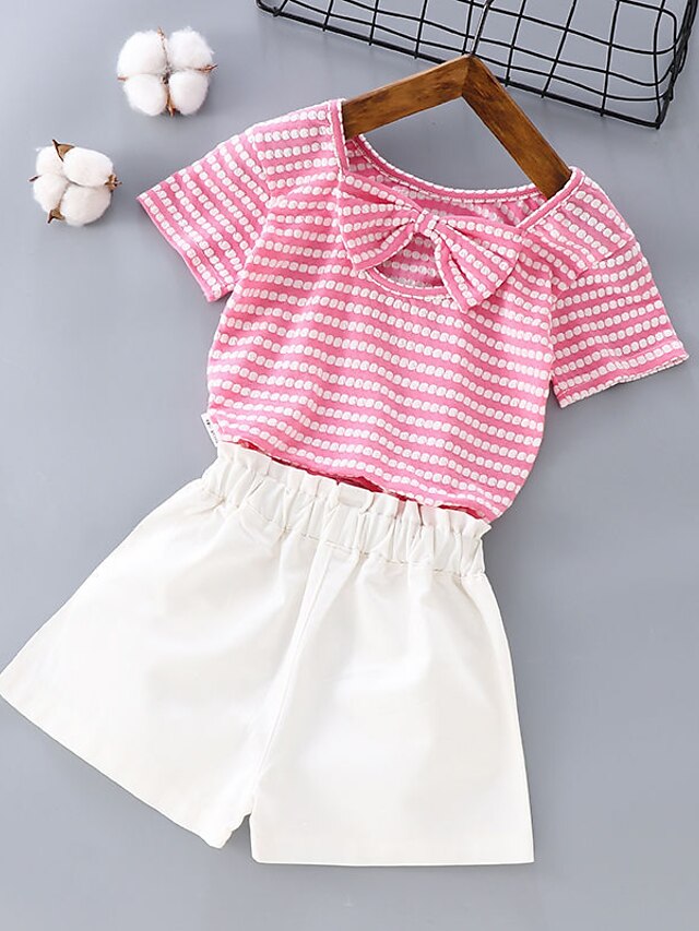 Baby & Kids Girls Clothing | Kids Girls T-shirt & Shorts 2 Pieces Short Sleeve Black Pink Red Stripe Ruched Bow School Outdoor A