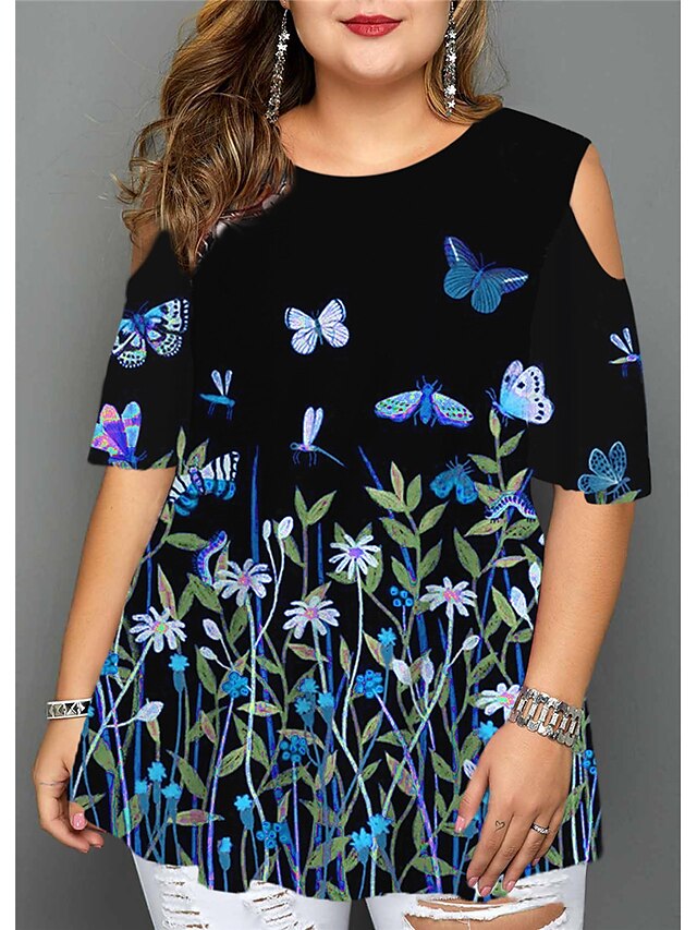 Womens Clothing Plus Size Collection | Womens Plus Size Tops Blouse Shirt Floral Butterfly Cut Out Print Half Sleeve Crewneck St