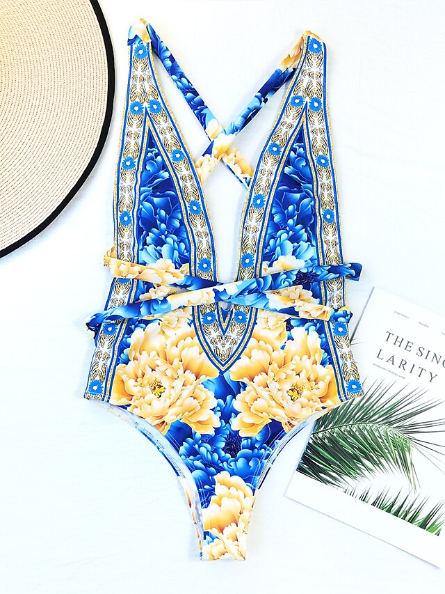 Womens Clothing Womens Swimwear | Womens Swimwear One Piece Monokini Bathing Suits Normal Swimsuit Backless Print Floral Blue V 