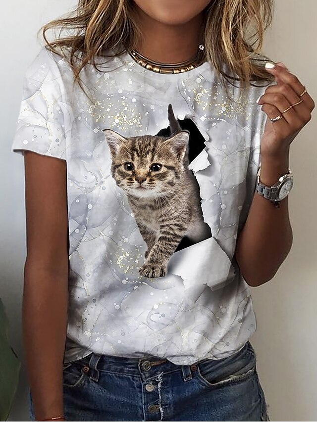  Women's T shirt Tee Gray Print Cat 3D Casual Weekend Short Sleeve Round Neck Basic Regular 3D Cat Painting S