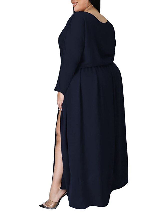 Womens Clothing Plus Size Collection | Womens Plus Size A Line Dress Solid Color Round Neck Long Sleeve Spring Summer Basic Casu